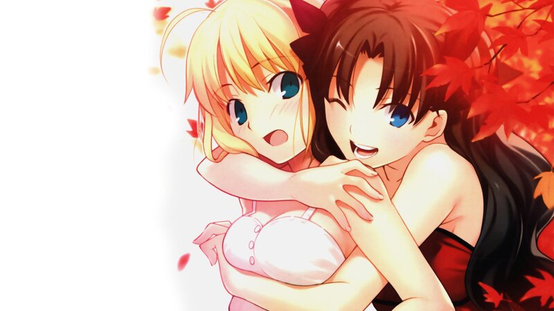 anime girls hugging in autumn