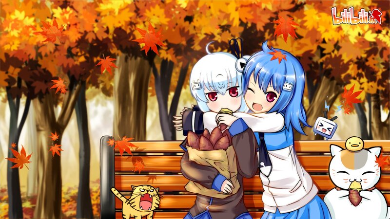 Anime girls hugging in autumn