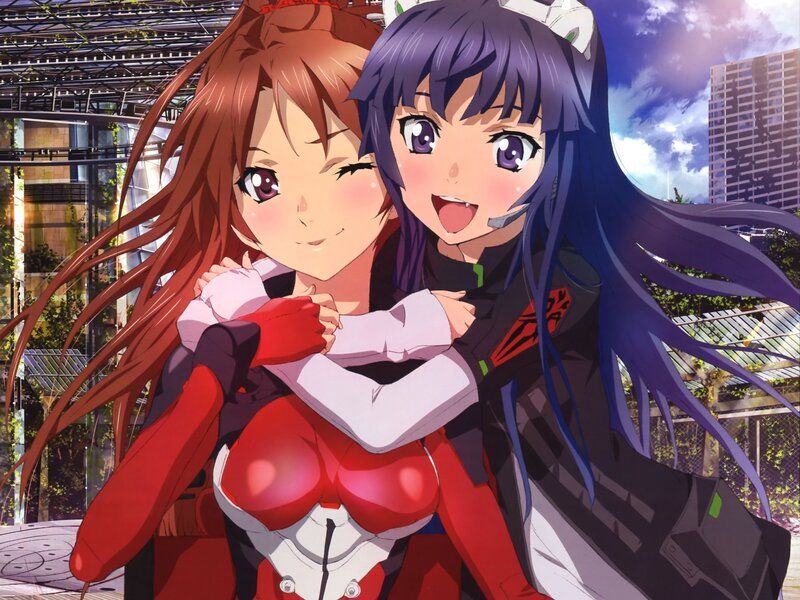 Anime girls hugging in city