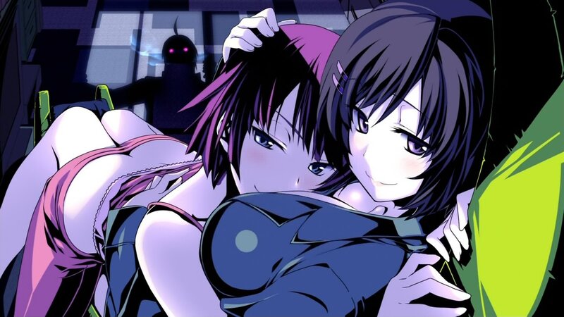 anime girls hugging in dark room