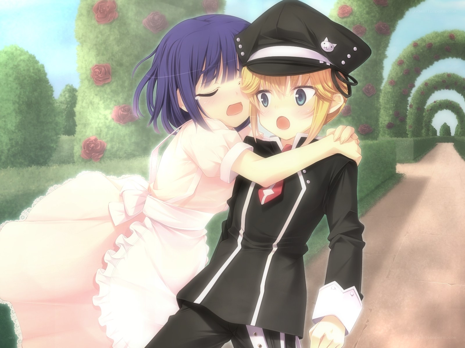 Anime girls hugging in garden