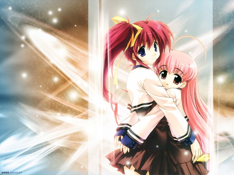 Anime girls hugging in light