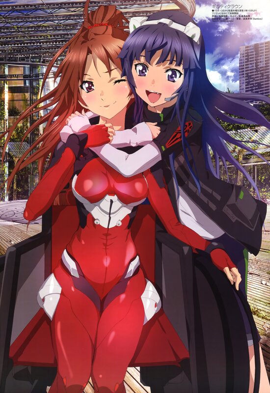 Anime girls hugging in red suits