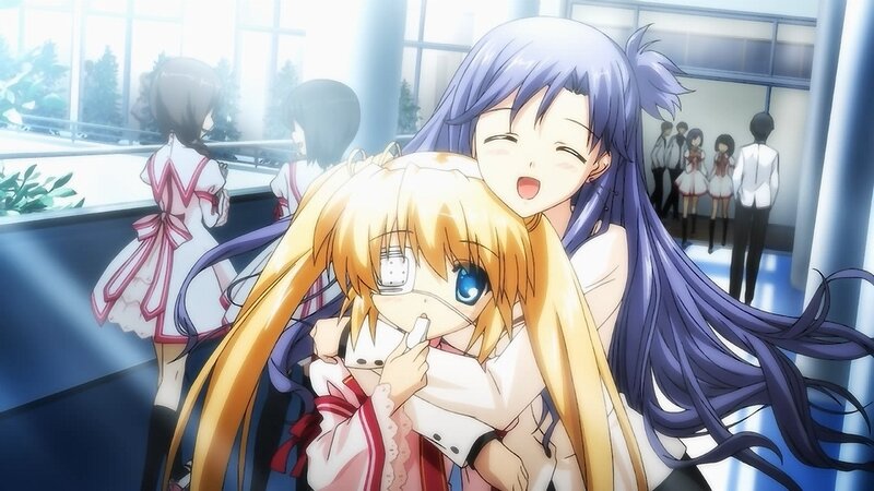 anime girls hugging in school