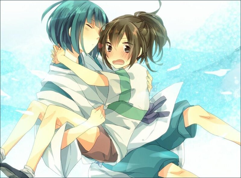 Anime girls hugging in snow