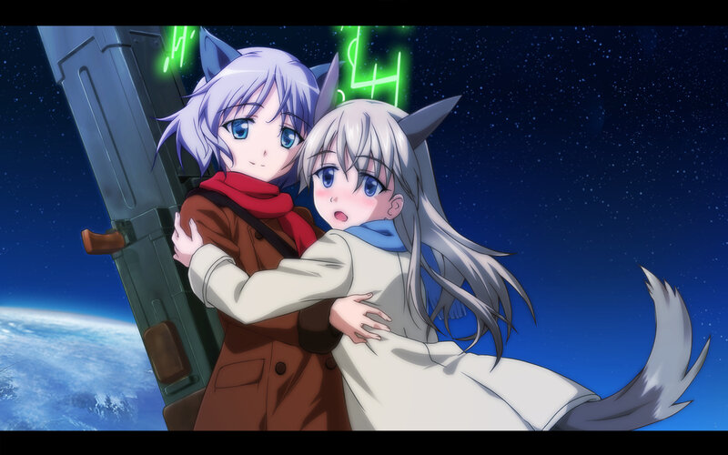 anime girls hugging in space
