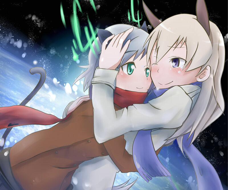 anime girls hugging in space