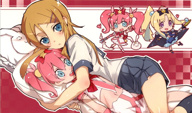 Anime girls hugging on a bed