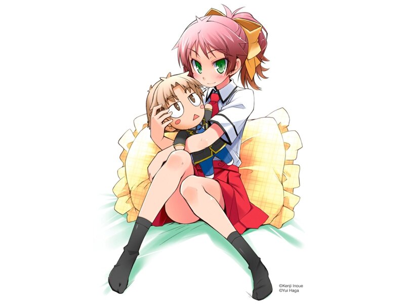 Anime girls hugging on a pillow