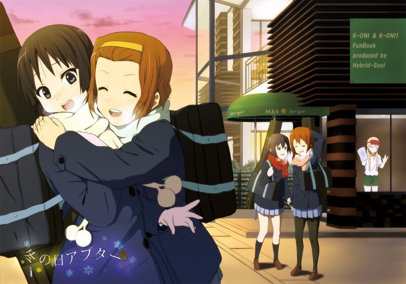 Anime girls hugging on a street