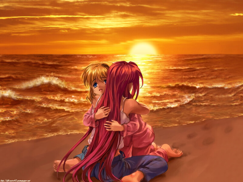 Anime girls hugging on beach