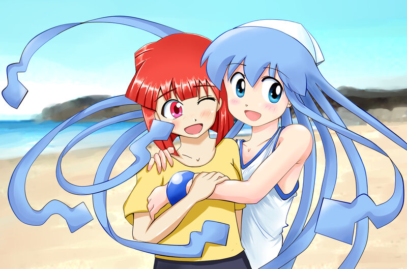 Anime girls hugging on beach