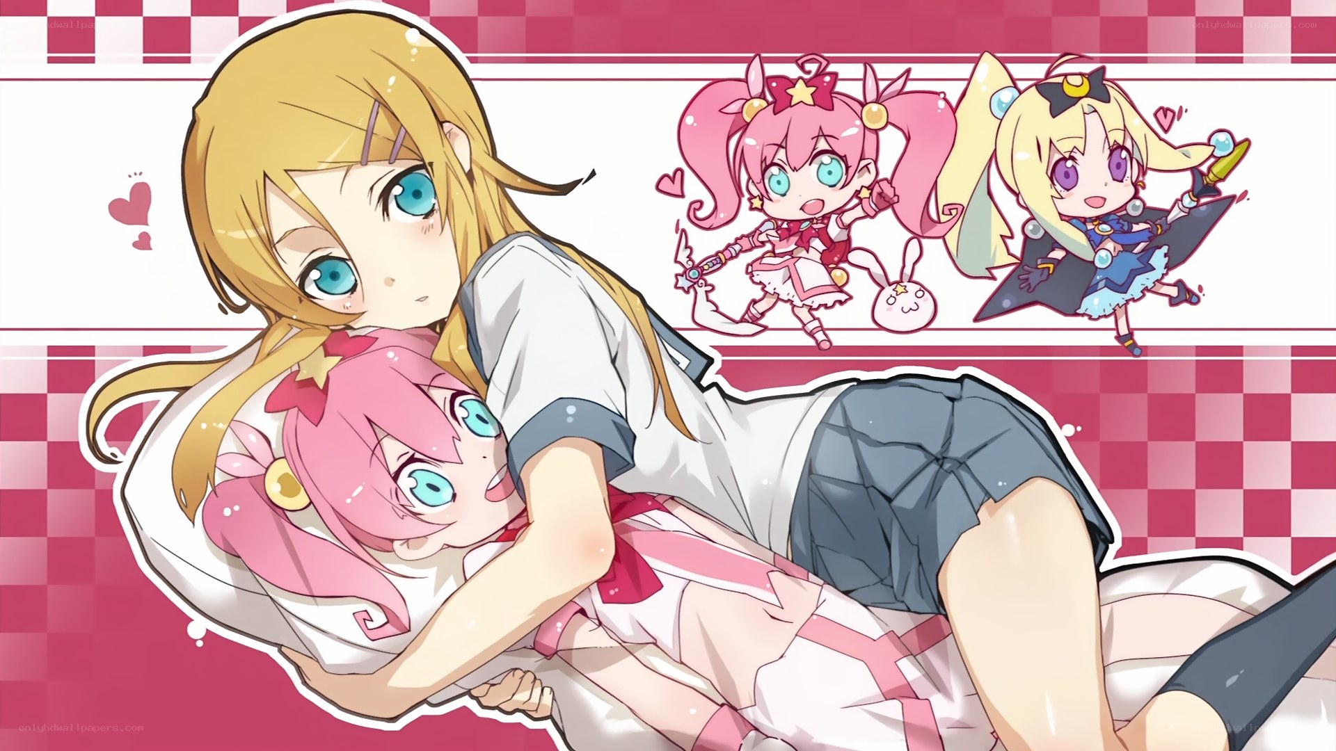 anime girls hugging on bed