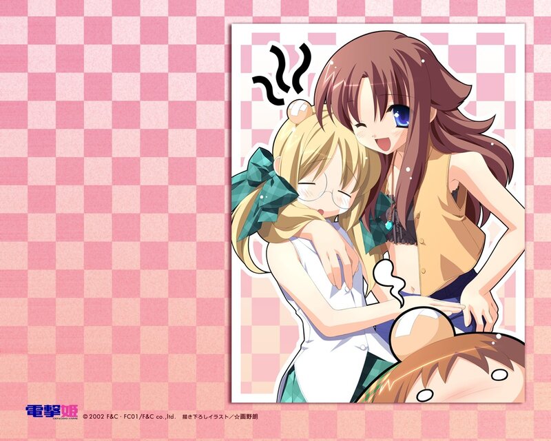 Anime girls hugging on checkered background