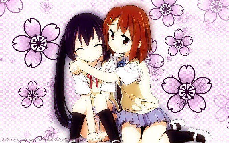 Anime girls hugging on flowers