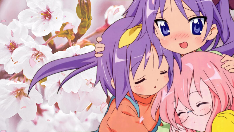 anime girls hugging under cherry blossoms