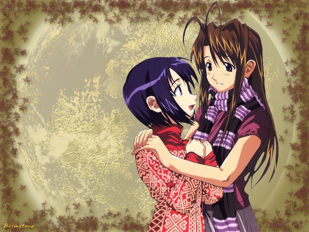 anime girls hugging under moon