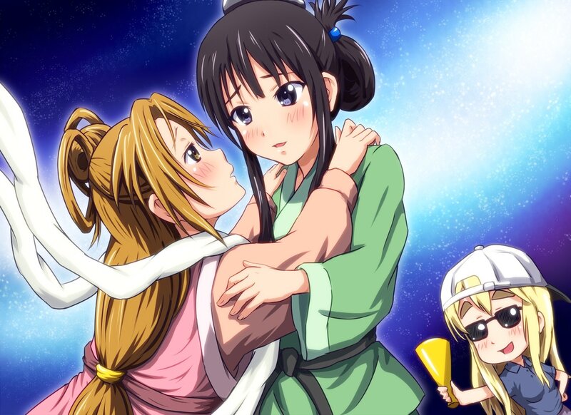 Anime girls hugging under stars