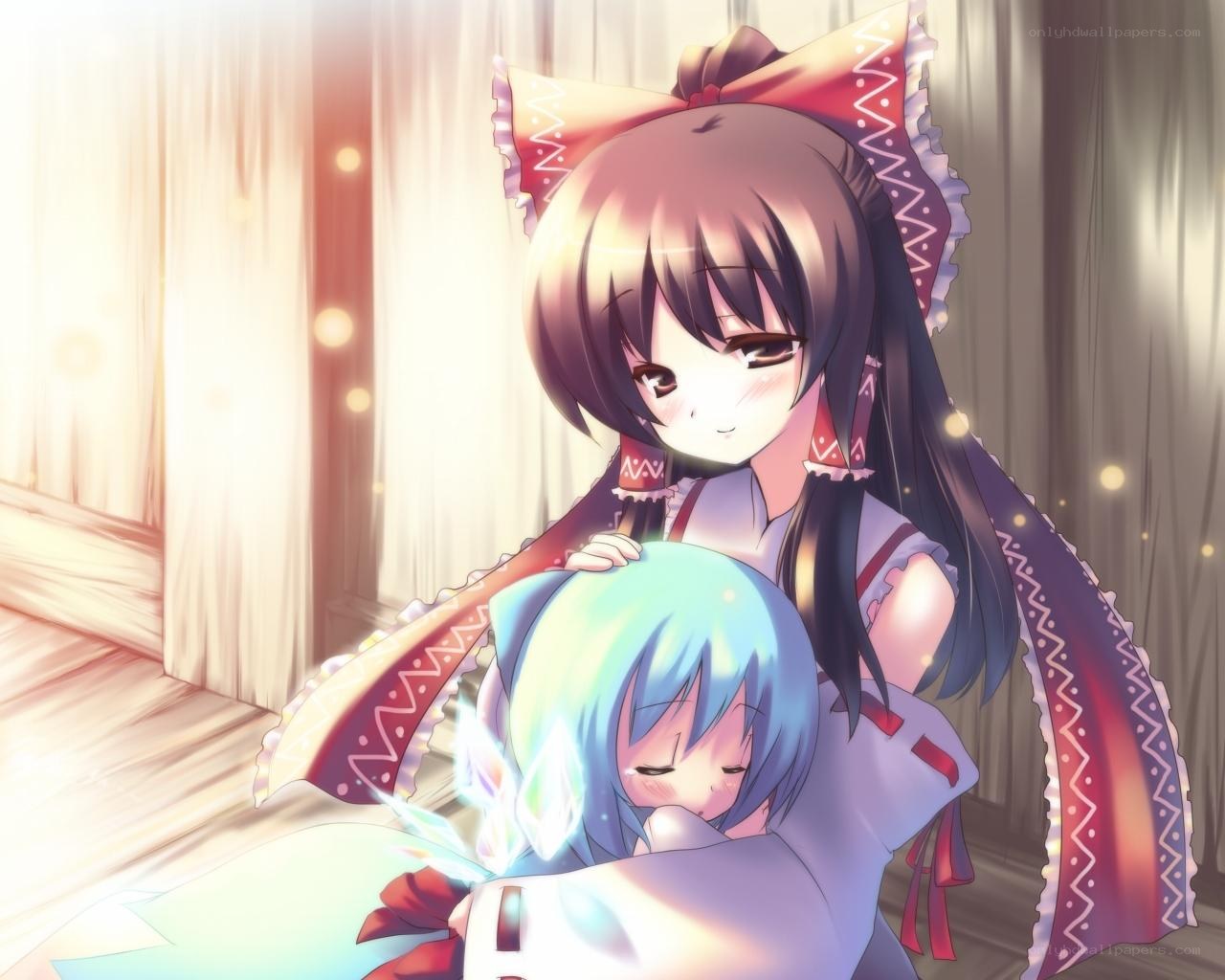 Anime girls hugging warmly