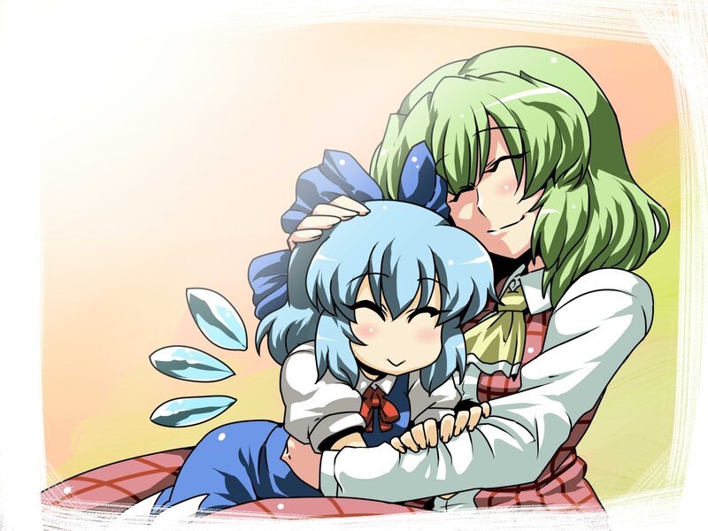 Anime girls hugging warmly