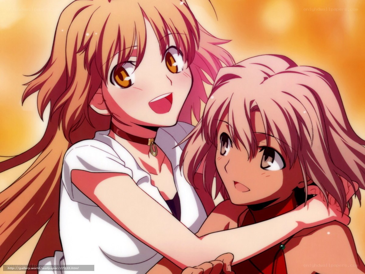 Anime girls hugging warmly