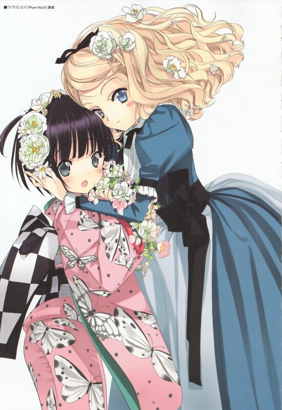 Anime girls hugging with flowers