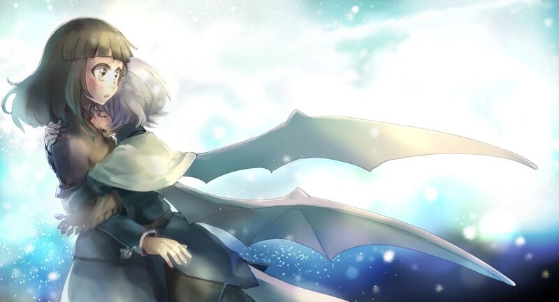 anime girls hugging with wings