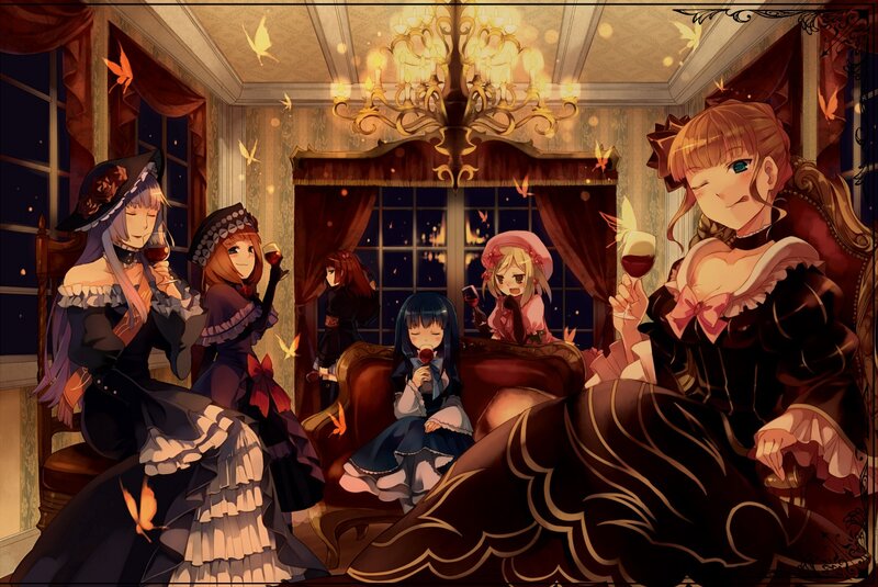 anime girls in a ballroom