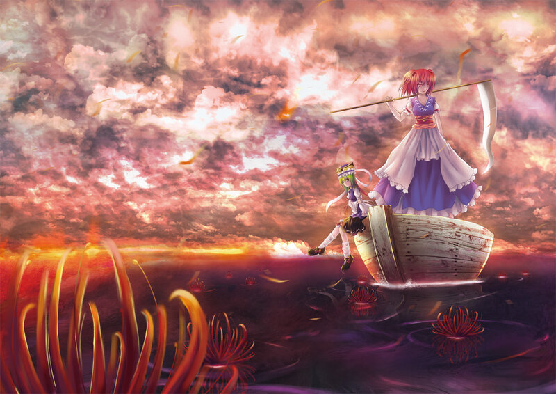 Anime girls in a boat at sunset