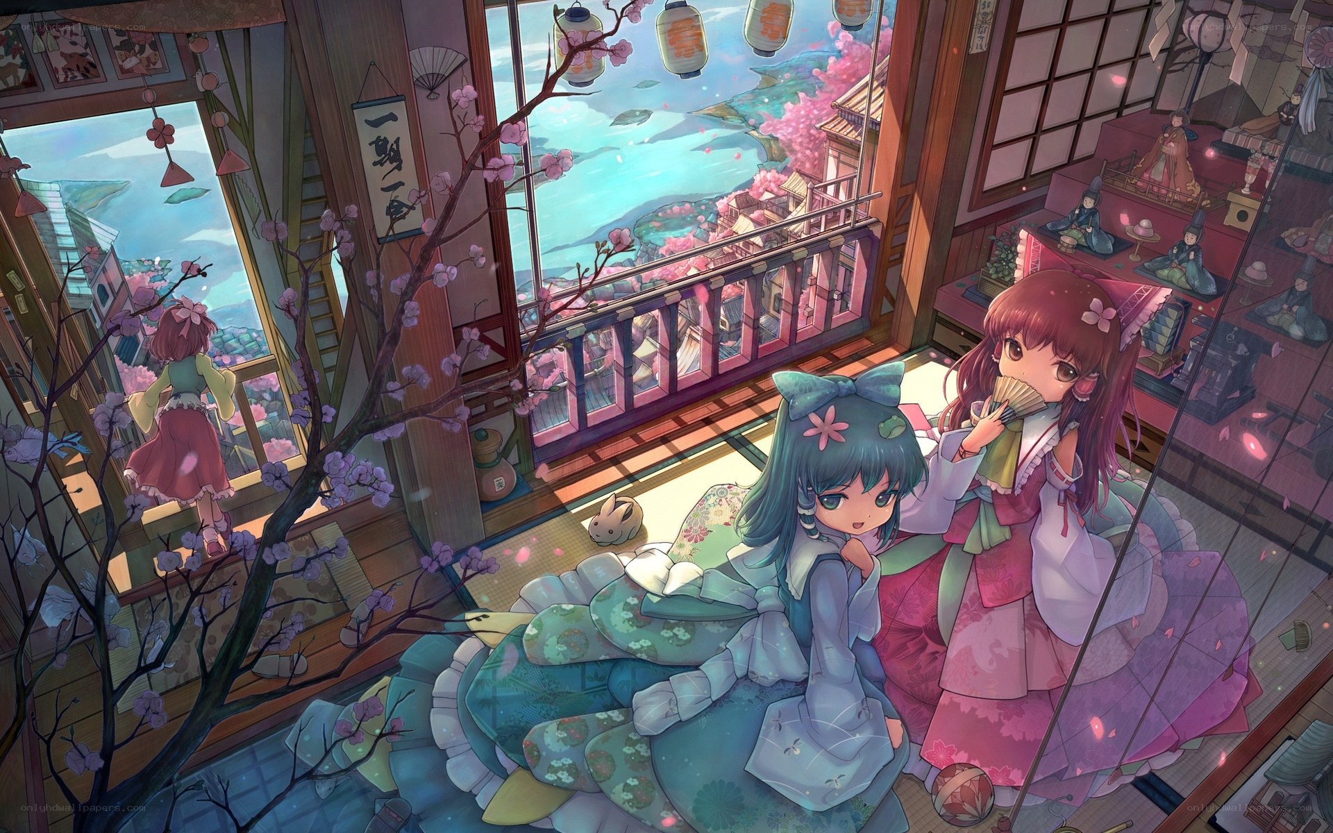 Anime girls in a cherry blossom room