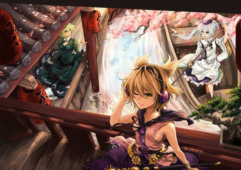 Anime girls in a cherry blossom scene