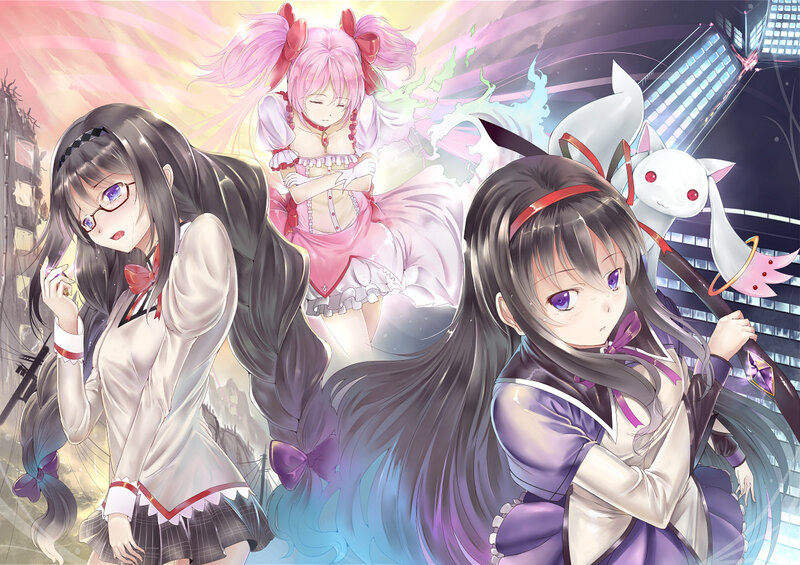 Anime girls in a cityscape