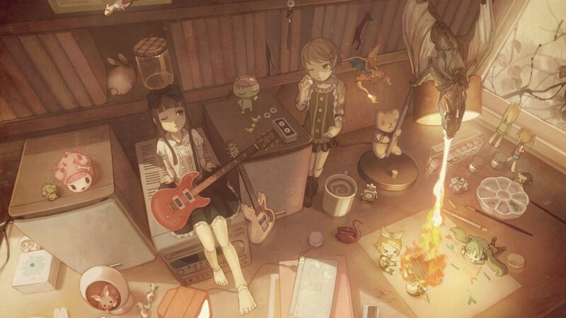 Anime girls in a cluttered room