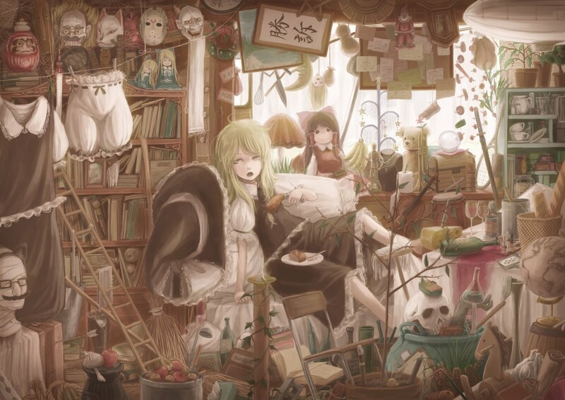 Anime girls in a cluttered room