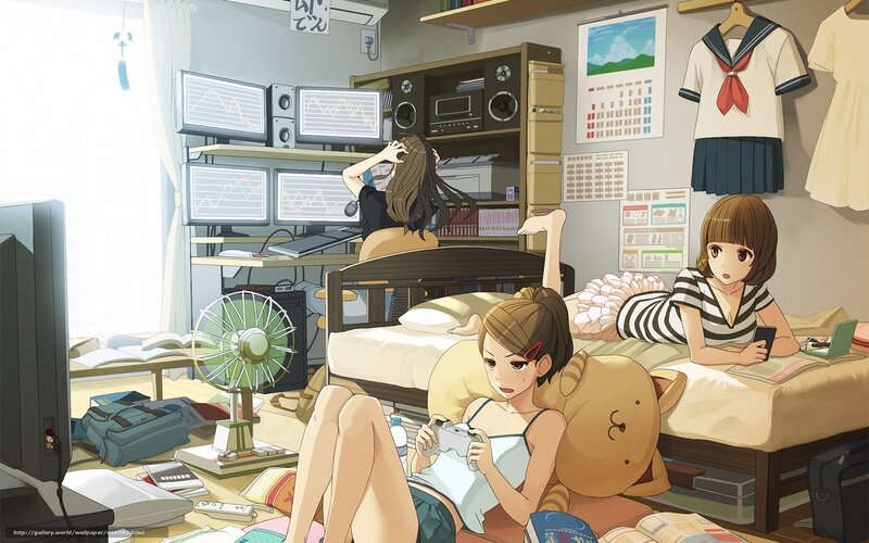 Anime girls in a cluttered room