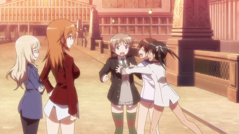 anime girls in a courtyard