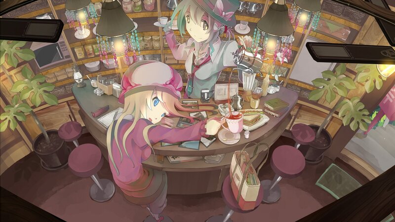 Anime girls in a cozy cafe