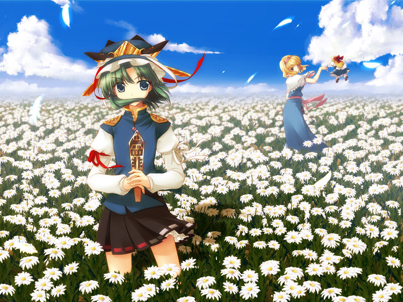 Anime girls in a daisy field