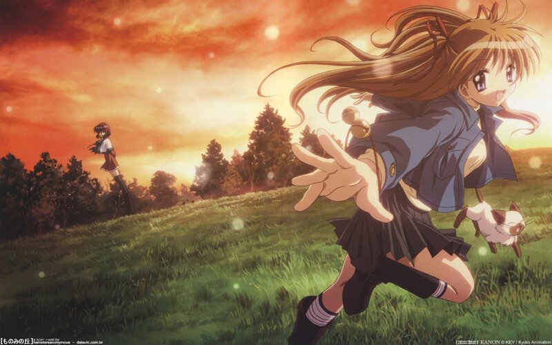 Anime girls in a field at sunset