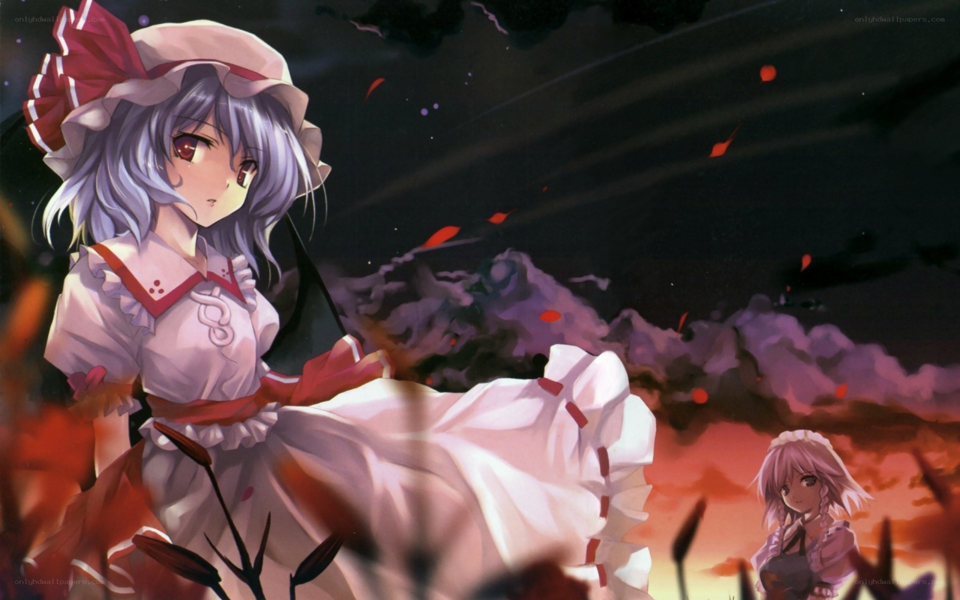 Anime girls in a fiery field