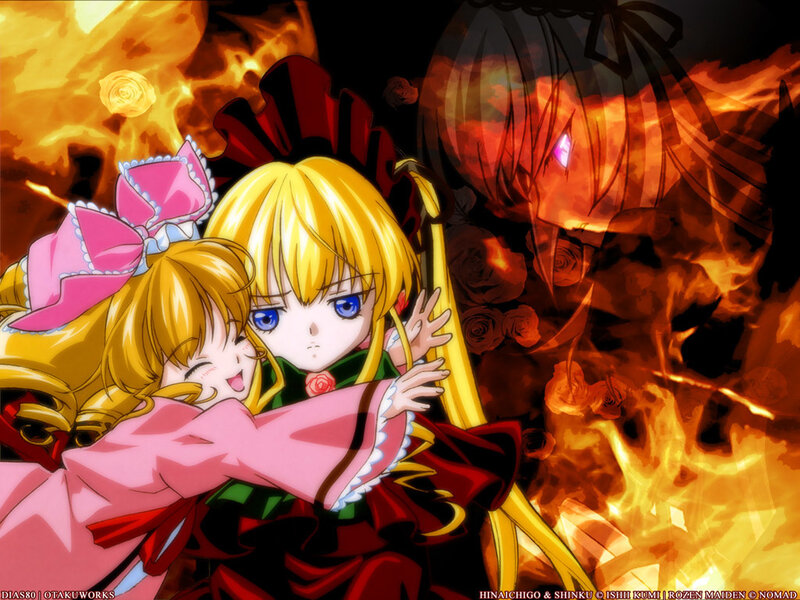 Anime girls in a fiery scene