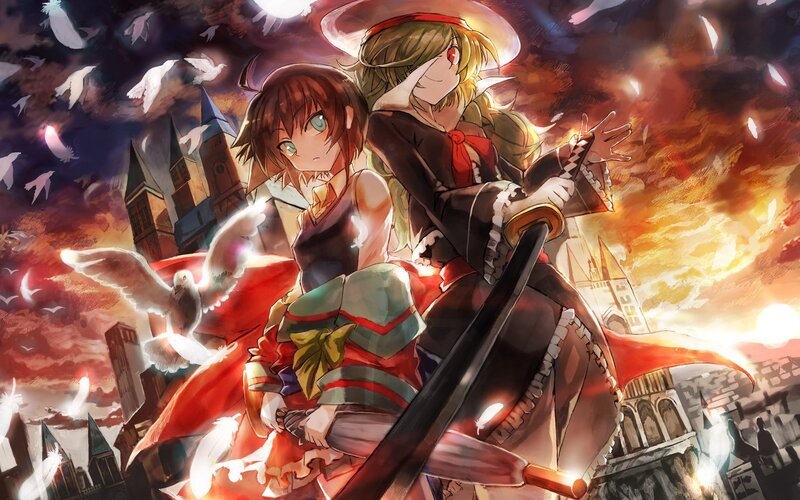 Anime girls in a fiery sky