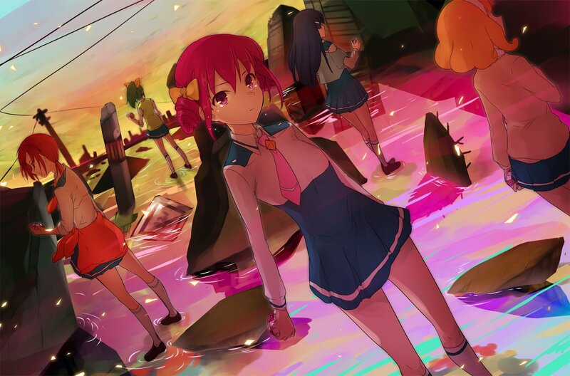 Anime girls in a flooded city