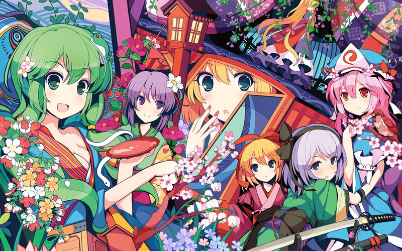 Anime girls in a floral scene