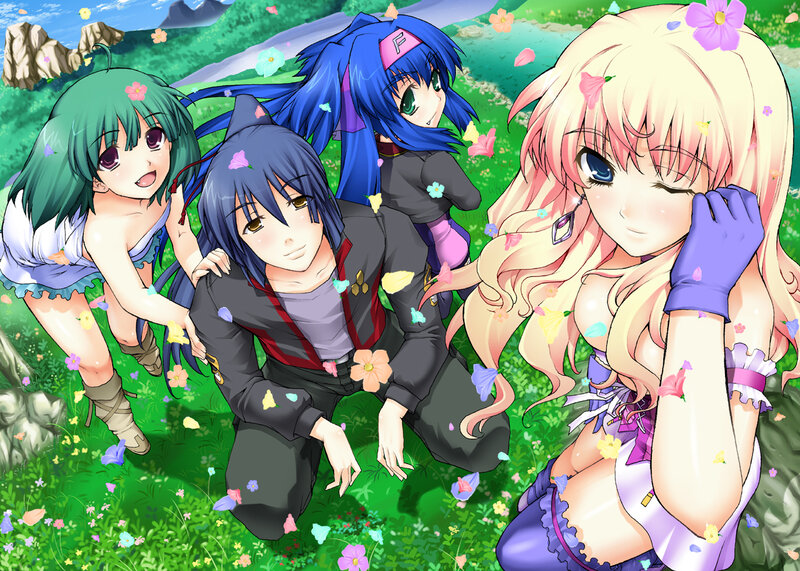 Anime girls in a flower field