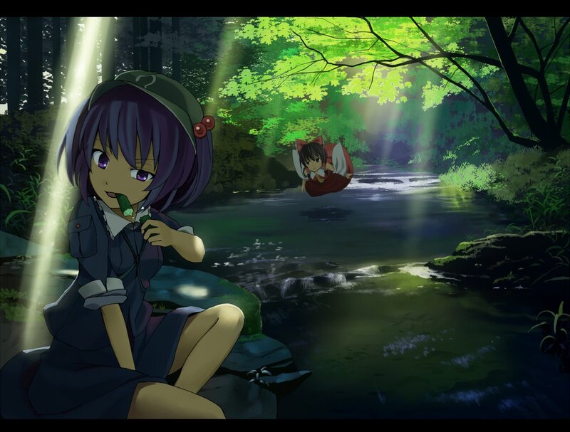 Anime girls in a forest stream