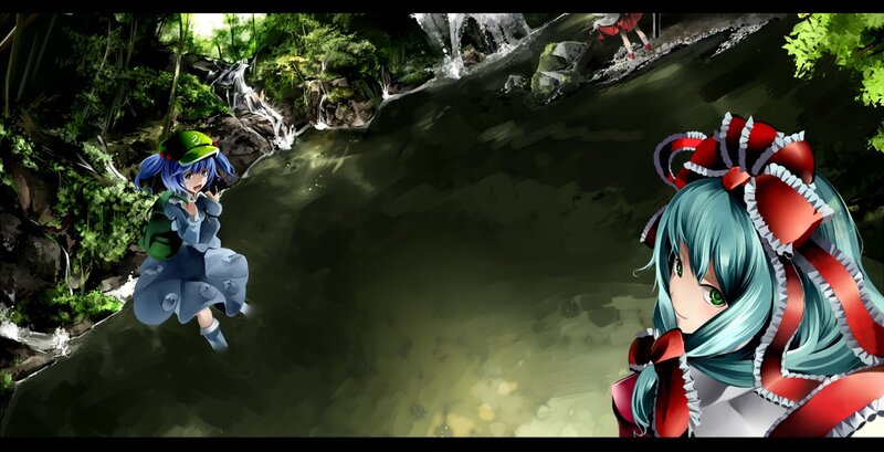 Anime girls in a forest stream