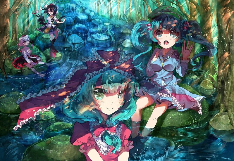 Anime girls in a forest stream
