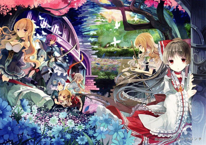 Anime girls in a garden scene