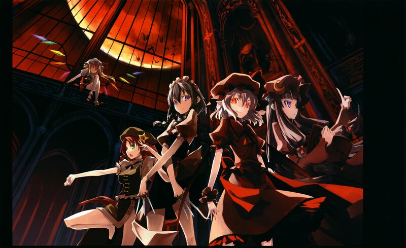 anime girls in a gothic hall